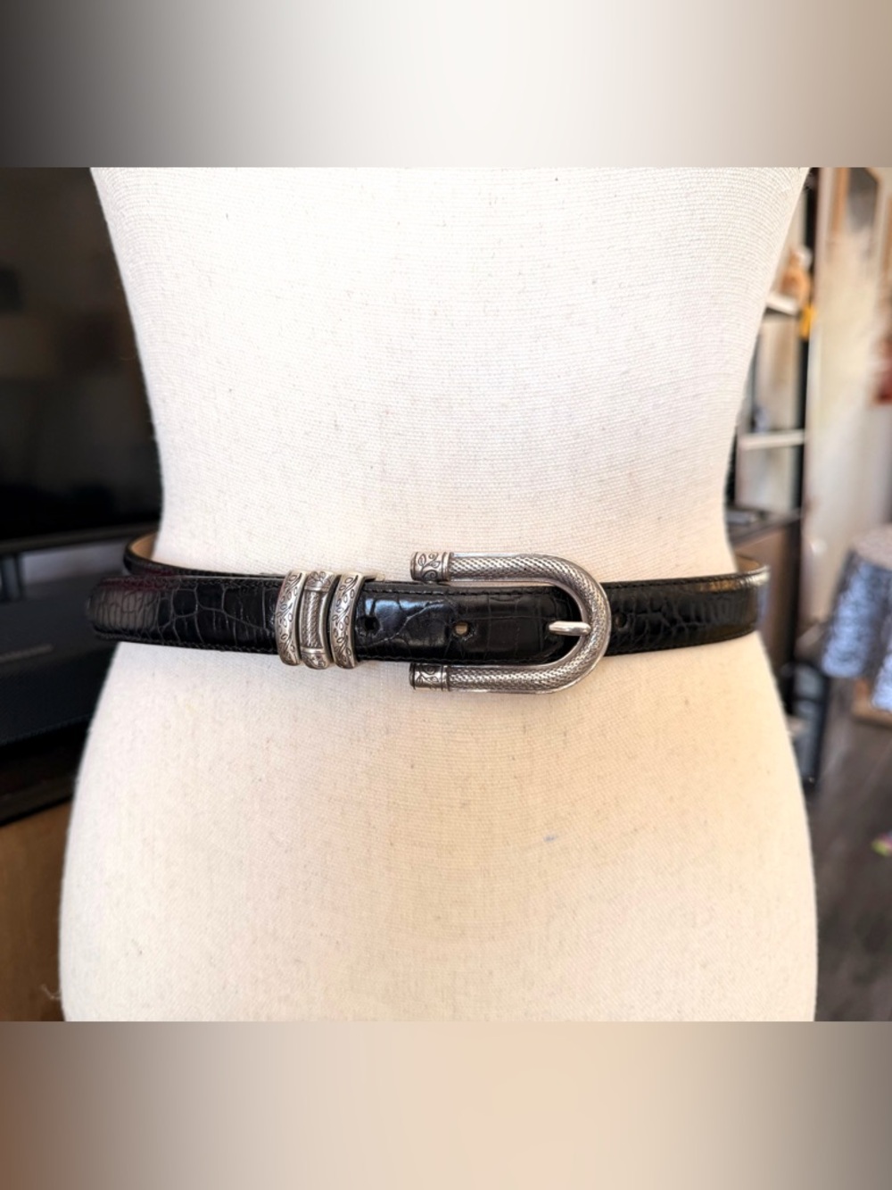 Brighton Black Croc-Embossed Leather Belt with Silver Buckle